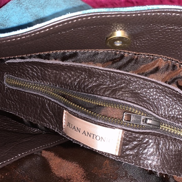 Juan Antonio Adobe Turquoise Blue Brown Leather Nubuck Weekend Boho Western Tote - Picture 2 of 16